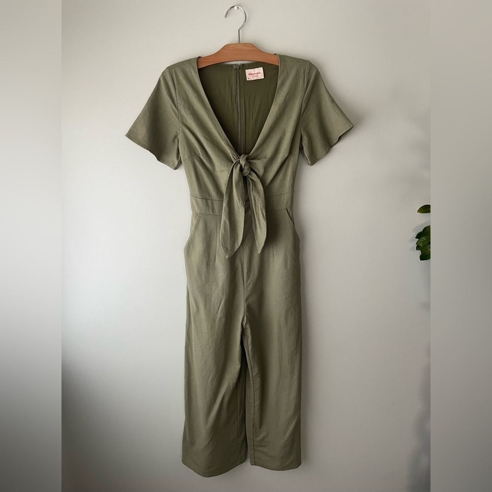 Showpo Australia Linen Blend Front Knot Tie Jumpsuit Wide Leg Khaki Green Small
